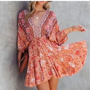 R. Vivimos Boho Floral Mini Dress V-Neck Tie Front Flounce Hem Peasant Size S